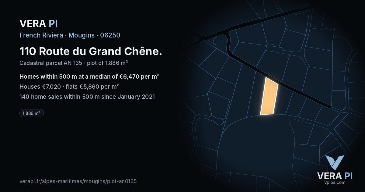 110 Route du Grand Chêne, Mougins at night – the plot lit, the parcels around coloured by the prices near them