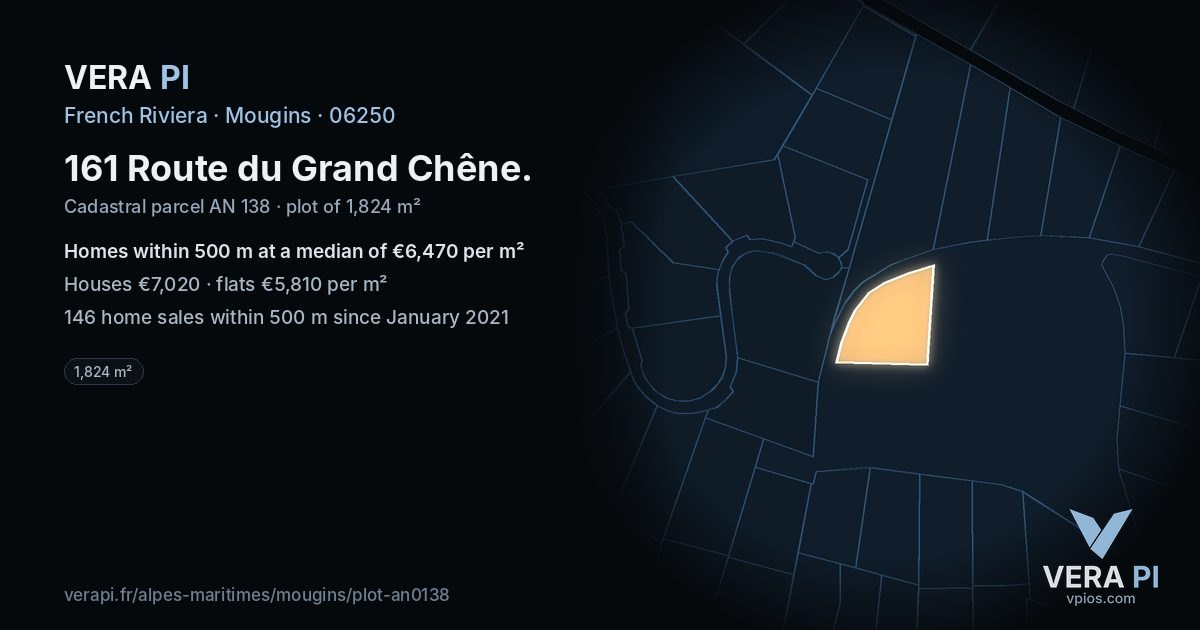161 Route du Grand Chêne, Mougins at night – the plot lit, the parcels around coloured by the prices near them
