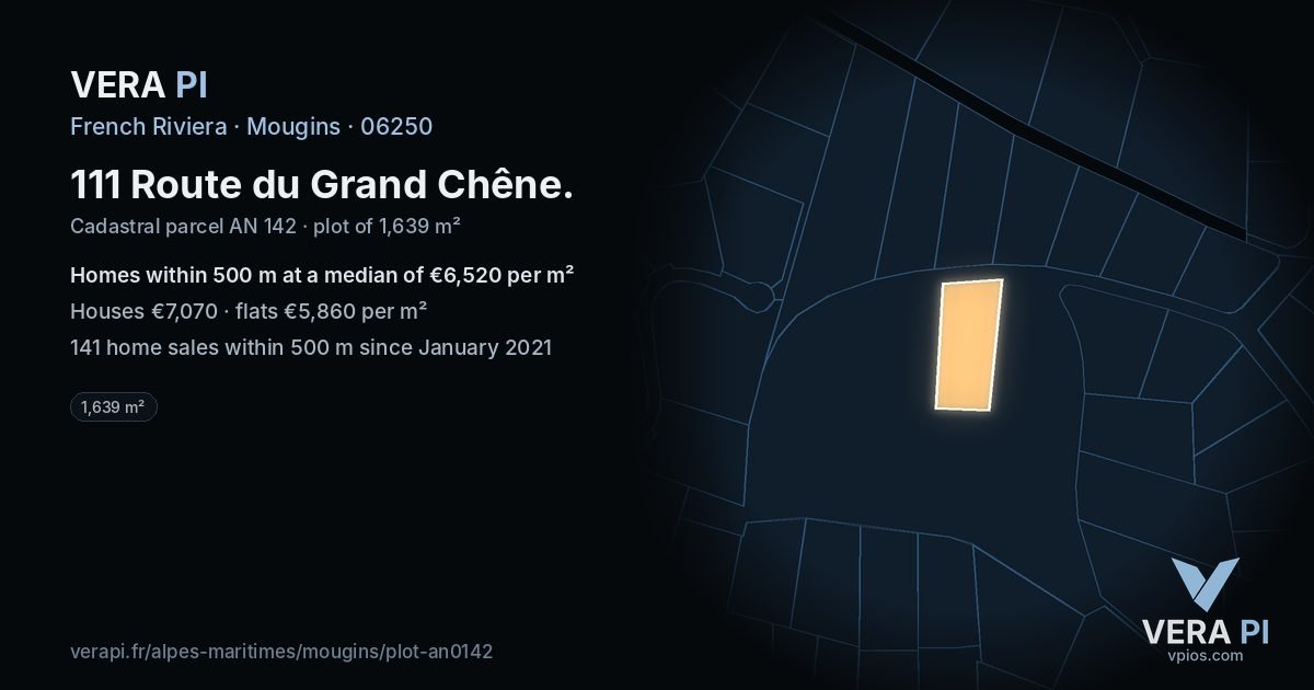111 Route du Grand Chêne, Mougins at night – the plot lit, the parcels around coloured by the prices near them