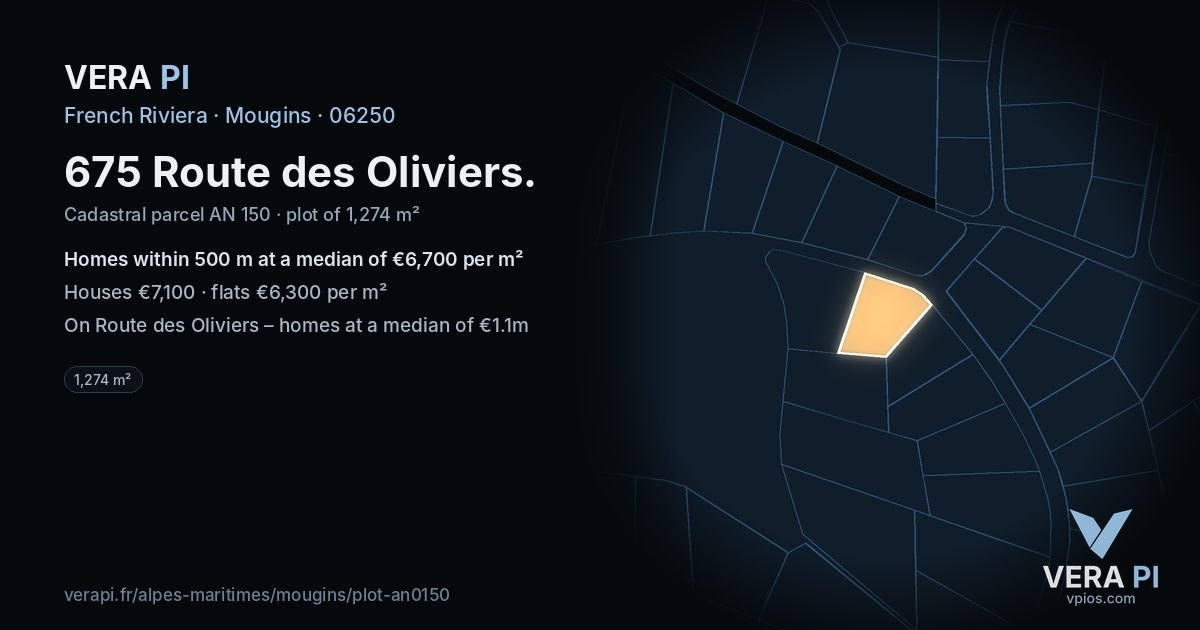675 Route des Oliviers, Mougins at night – the plot lit, the parcels around coloured by the prices near them