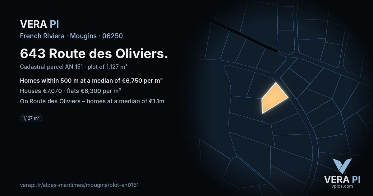 643 Route des Oliviers, Mougins at night – the plot lit, the parcels around coloured by the prices near them