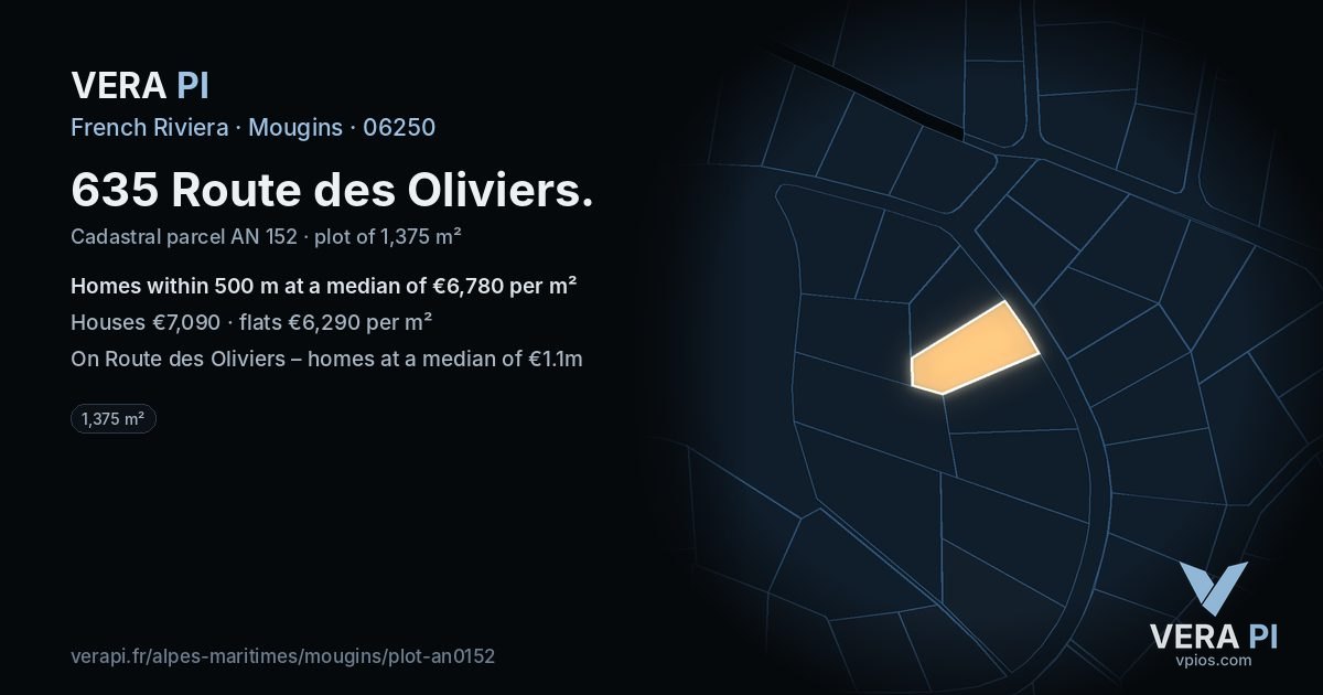 635 Route des Oliviers, Mougins at night – the plot lit, the parcels around coloured by the prices near them