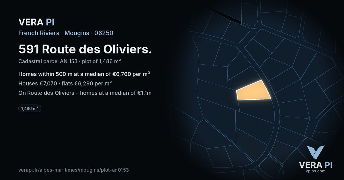 591 Route des Oliviers, Mougins at night – the plot lit, the parcels around coloured by the prices near them
