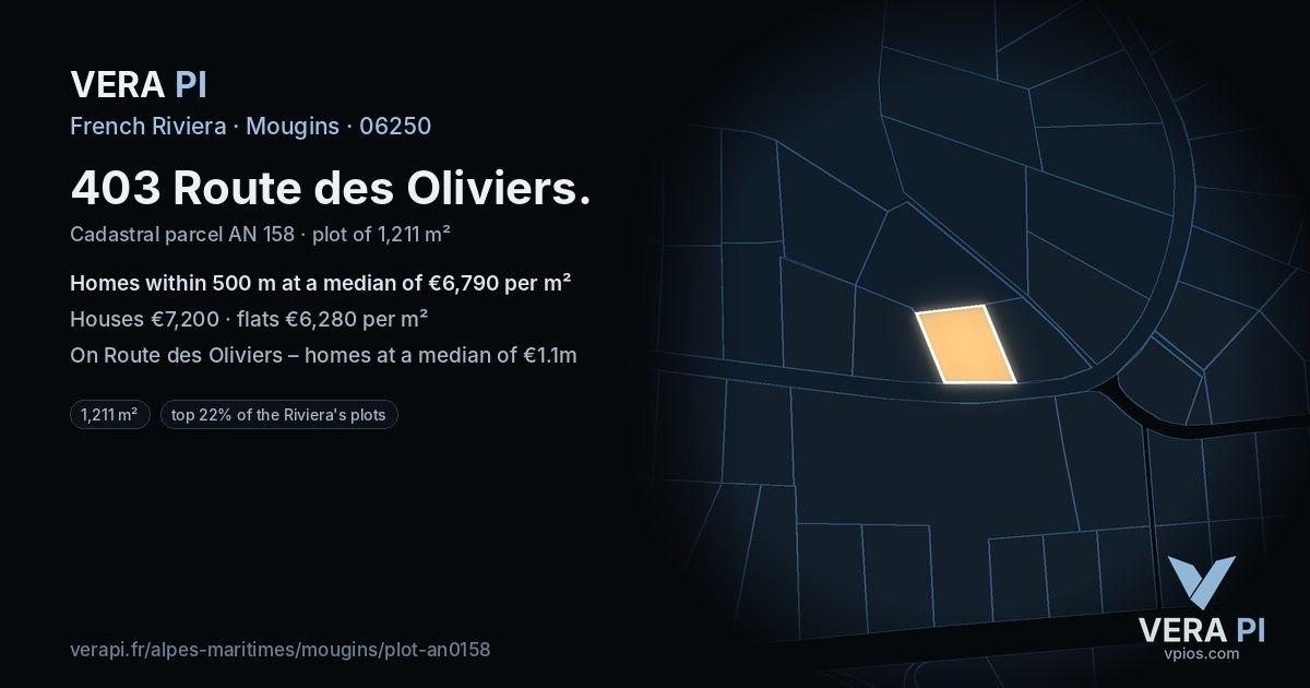 403 Route des Oliviers, Mougins at night – the plot lit, the parcels around coloured by the prices near them