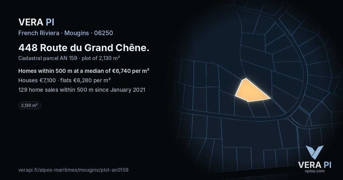 448 Route du Grand Chêne, Mougins at night – the plot lit, the parcels around coloured by the prices near them