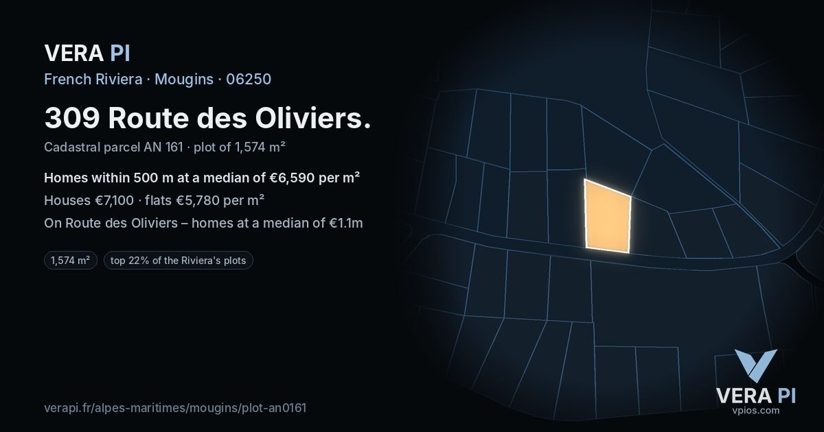 309 Route des Oliviers, Mougins at night – the plot lit, the parcels around coloured by the prices near them