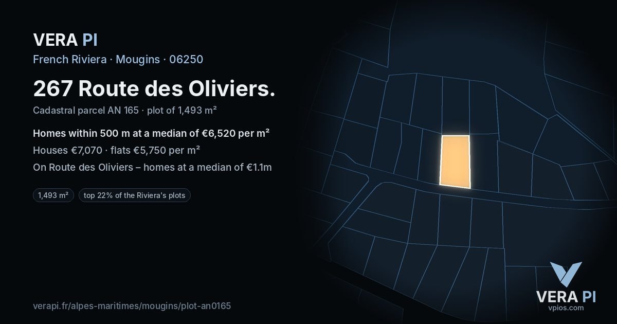 267 Route des Oliviers, Mougins at night – the plot lit, the parcels around coloured by the prices near them