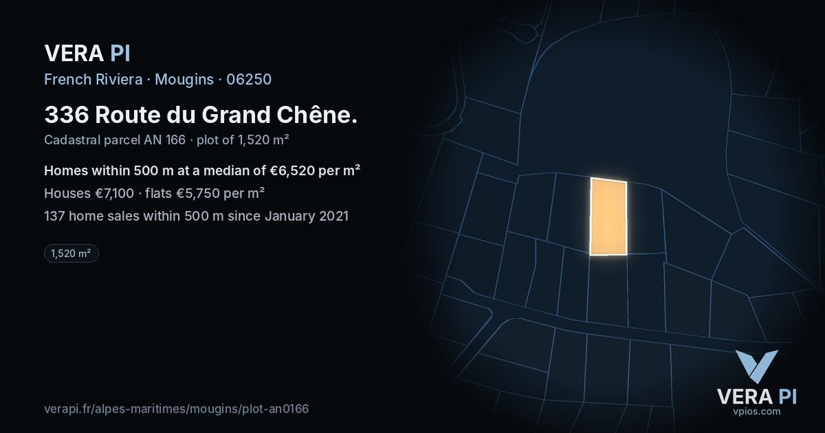 336 Route du Grand Chêne, Mougins at night – the plot lit, the parcels around coloured by the prices near them
