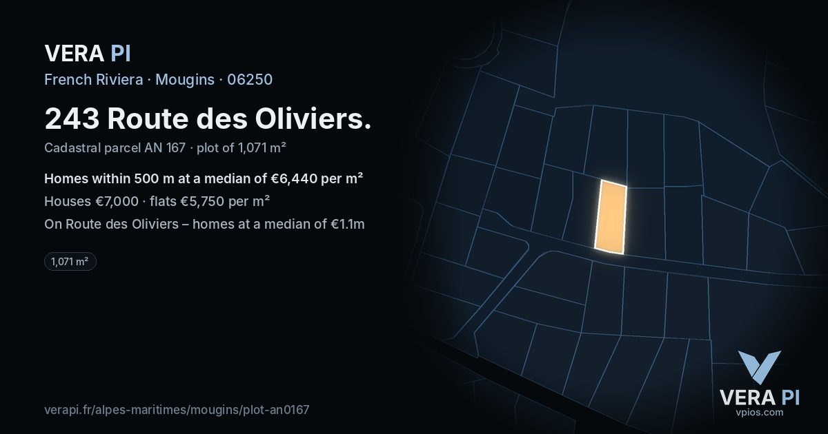 243 Route des Oliviers, Mougins at night – the plot lit, the parcels around coloured by the prices near them