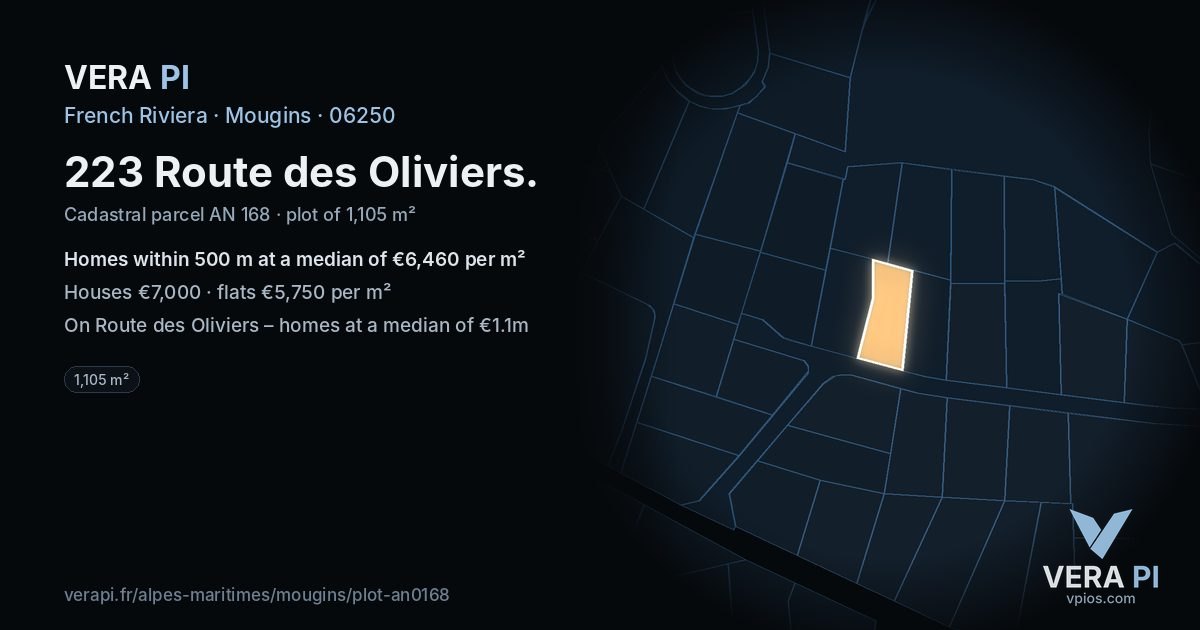 223 Route des Oliviers, Mougins at night – the plot lit, the parcels around coloured by the prices near them