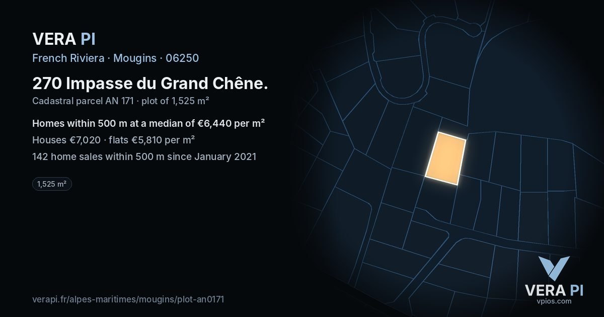 270 Impasse du Grand Chêne, Mougins at night – the plot lit, the parcels around coloured by the prices near them