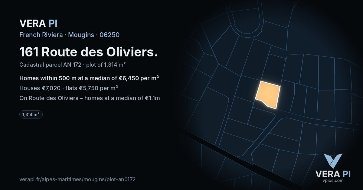161 Route des Oliviers, Mougins at night – the plot lit, the parcels around coloured by the prices near them