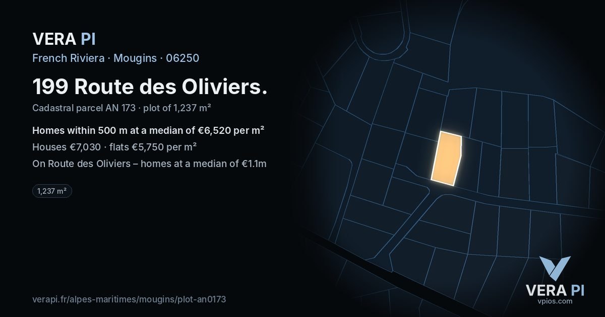 199 Route des Oliviers, Mougins at night – the plot lit, the parcels around coloured by the prices near them