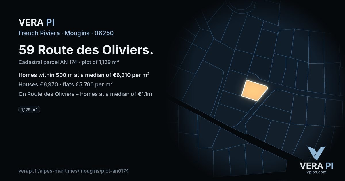 59 Route des Oliviers, Mougins at night – the plot lit, the parcels around coloured by the prices near them