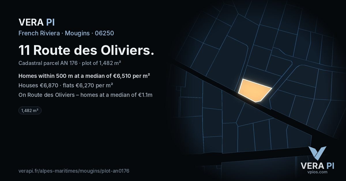 11 Route des Oliviers, Mougins at night – the plot lit, the parcels around coloured by the prices near them