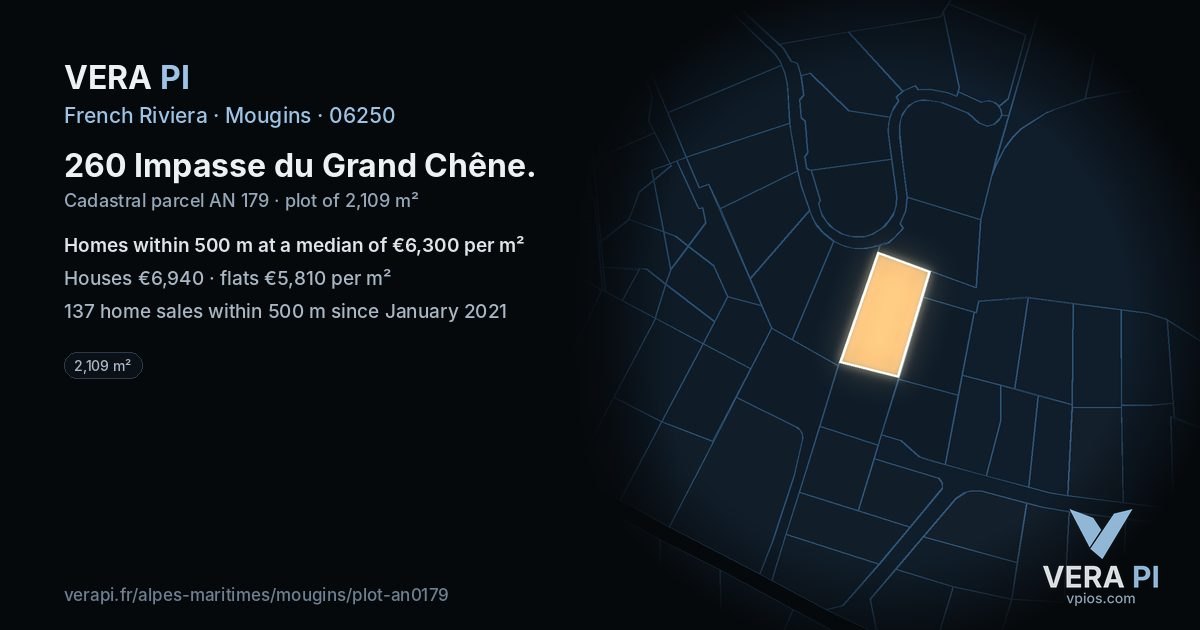260 Impasse du Grand Chêne, Mougins at night – the plot lit, the parcels around coloured by the prices near them