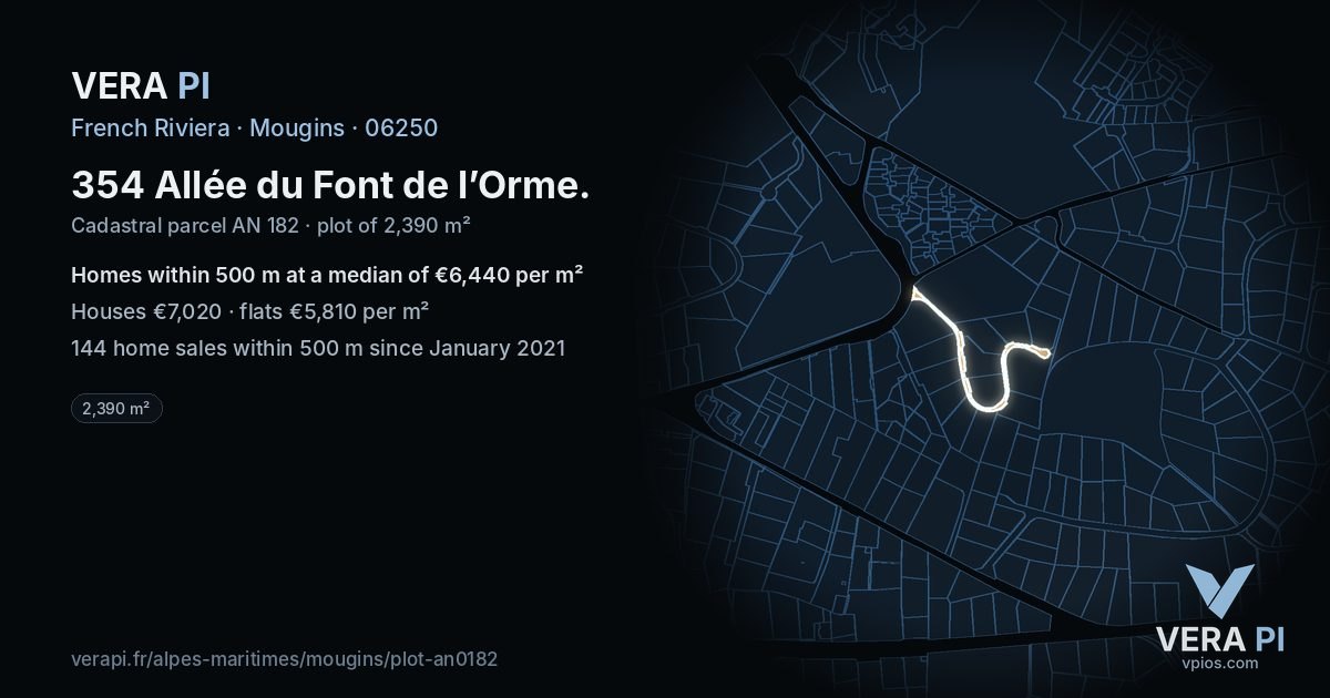 354 Allée du Font de l’Orme, Mougins at night – the plot lit, the parcels around coloured by the prices near them