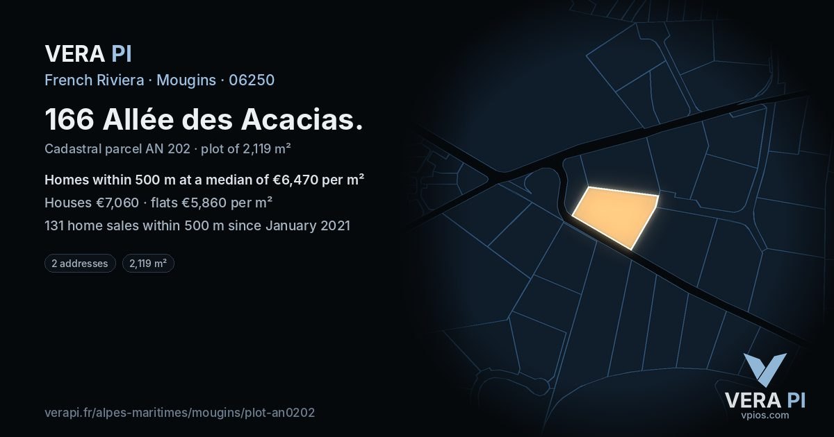 166 Allée des Acacias, Mougins at night – the plot lit, the parcels around coloured by the prices near them
