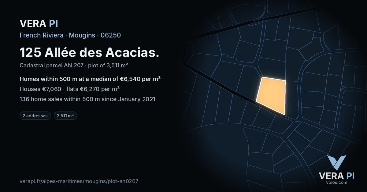 125 Allée des Acacias, Mougins at night – the plot lit, the parcels around coloured by the prices near them