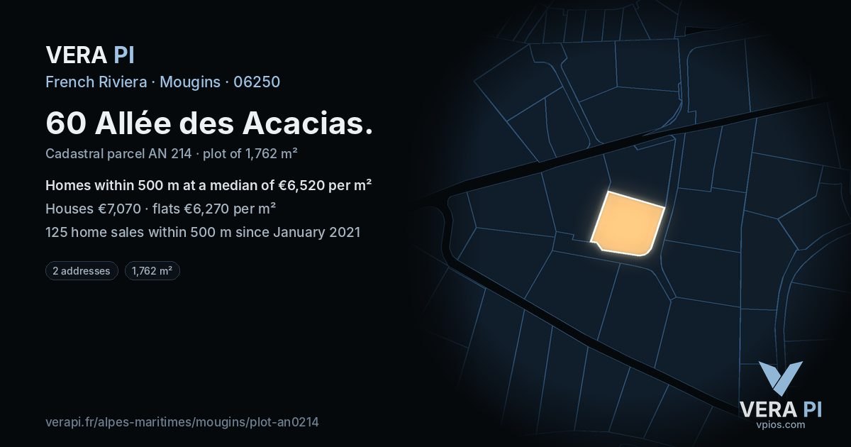 60 Allée des Acacias, Mougins at night – the plot lit, the parcels around coloured by the prices near them