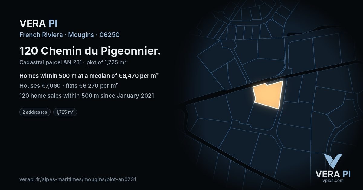 120 Chemin du Pigeonnier, Mougins at night – the plot lit, the parcels around coloured by the prices near them