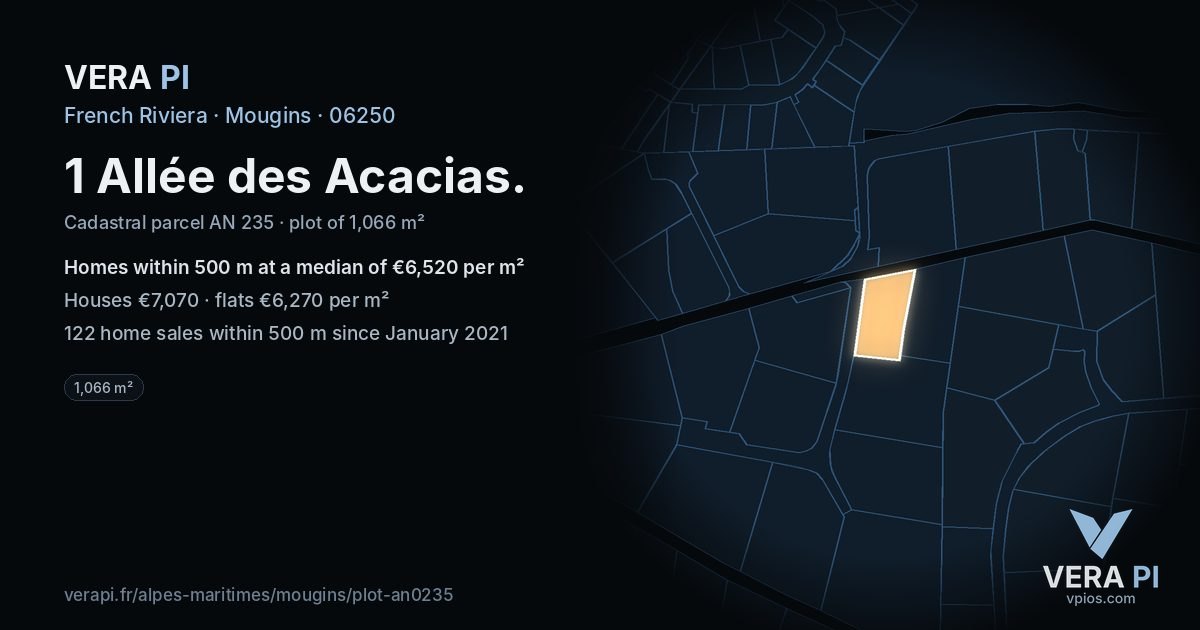 1 Allée des Acacias, Mougins at night – the plot lit, the parcels around coloured by the prices near them
