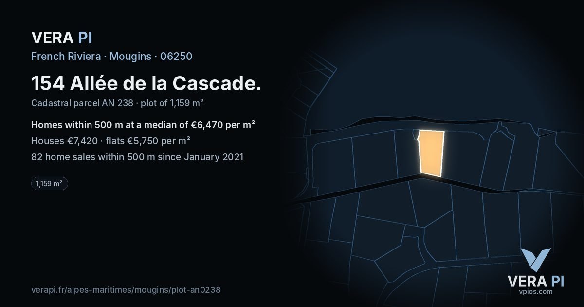 154 Allée de la Cascade, Mougins at night – the plot lit, the parcels around coloured by the prices near them
