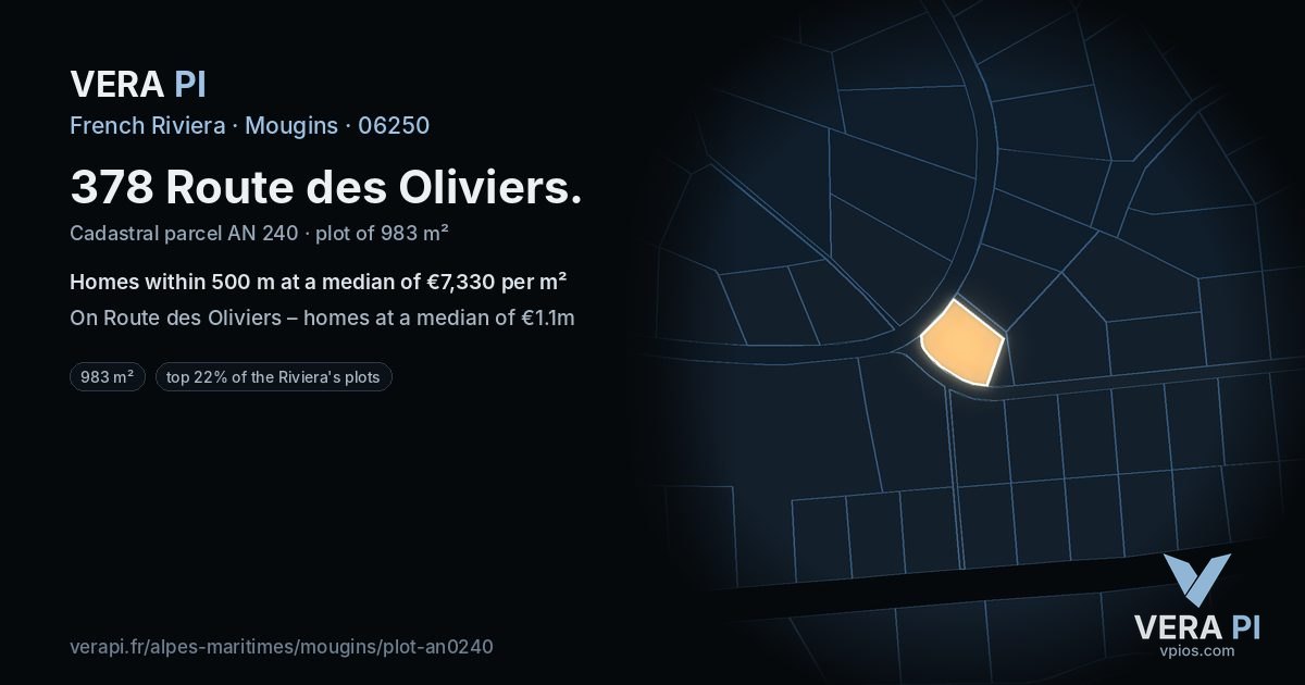 378 Route des Oliviers, Mougins at night – the plot lit, the parcels around coloured by the prices near them