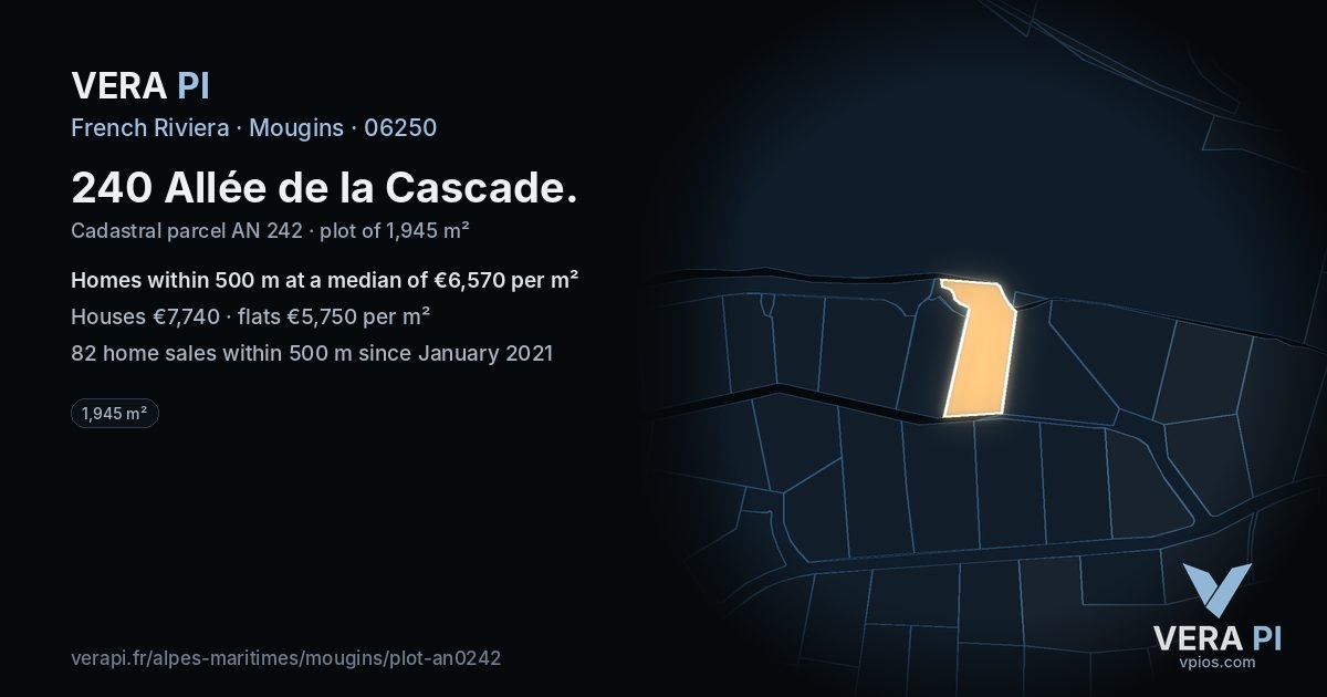 240 Allée de la Cascade, Mougins at night – the plot lit, the parcels around coloured by the prices near them