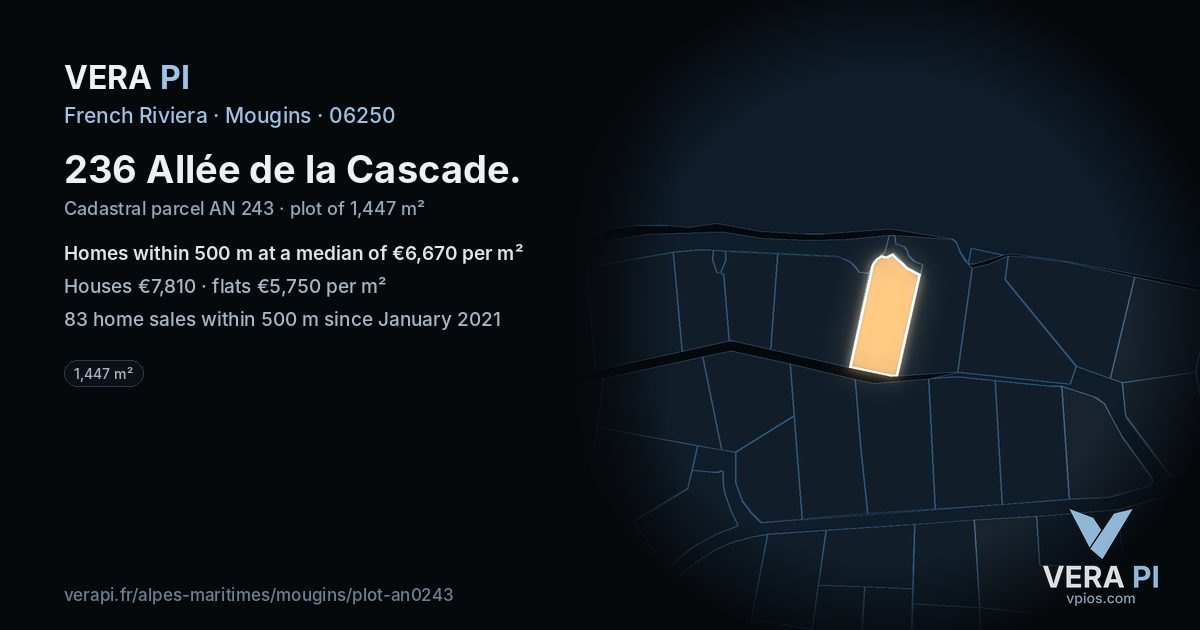 236 Allée de la Cascade, Mougins at night – the plot lit, the parcels around coloured by the prices near them