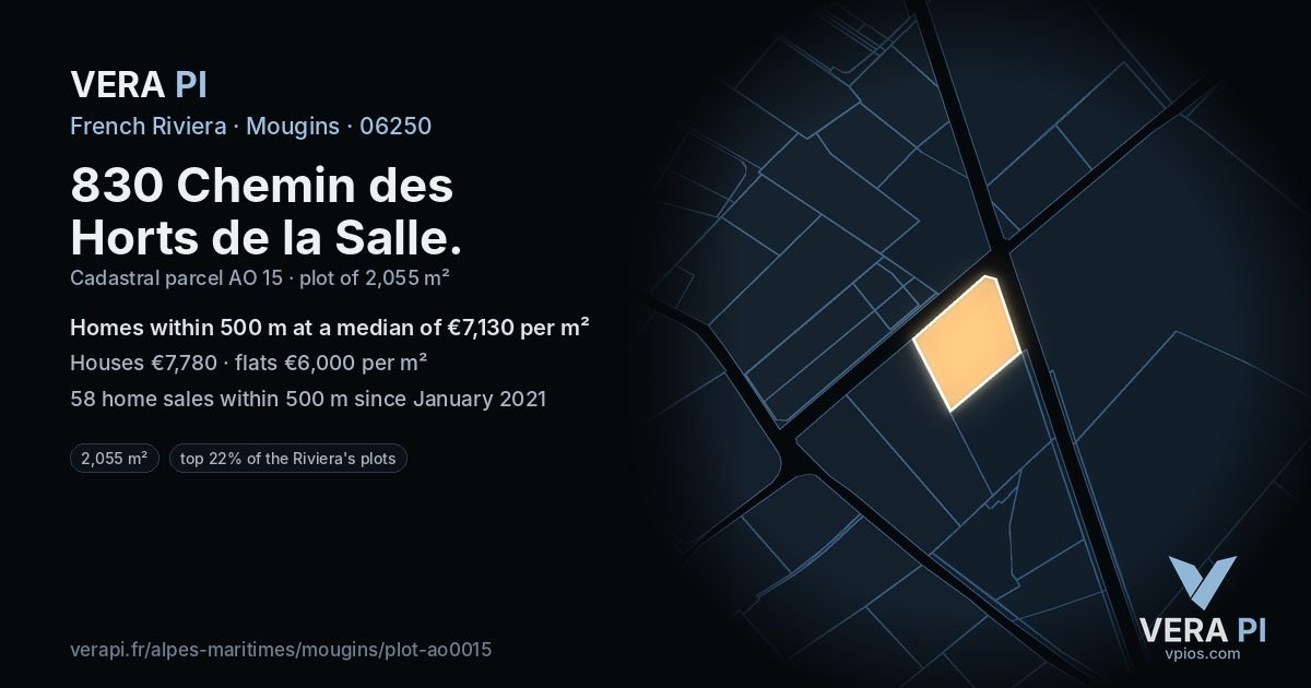 830 Chemin des Horts de la Salle, Mougins at night – the plot lit, the parcels around coloured by the prices near them