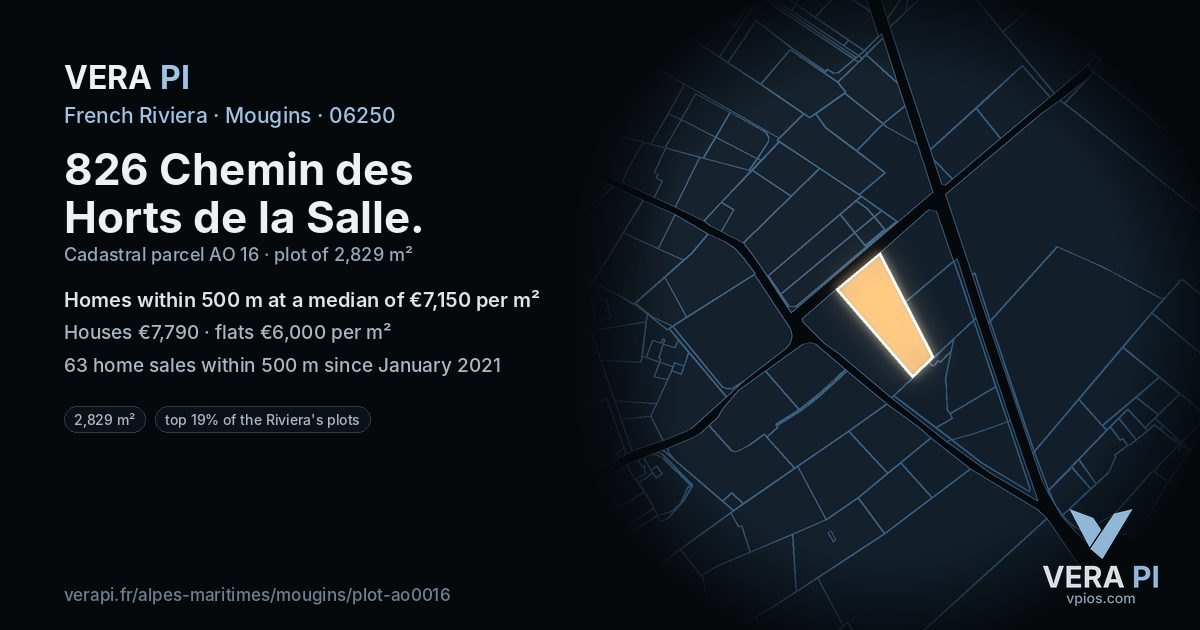 826 Chemin des Horts de la Salle, Mougins at night – the plot lit, the parcels around coloured by the prices near them