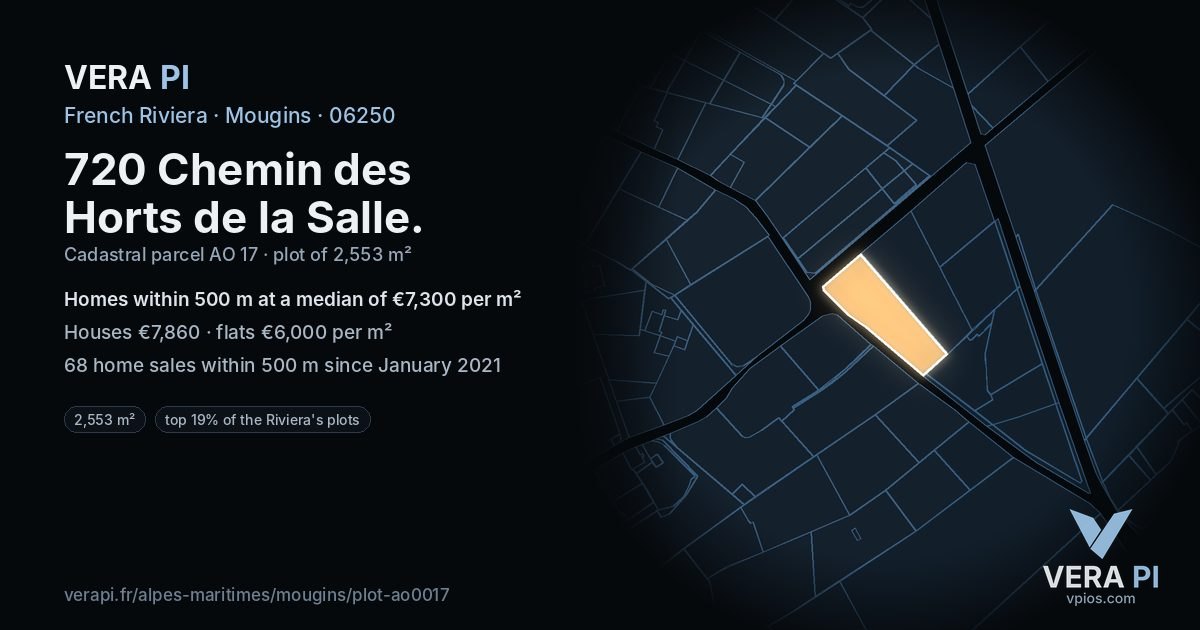 720 Chemin des Horts de la Salle, Mougins at night – the plot lit, the parcels around coloured by the prices near them