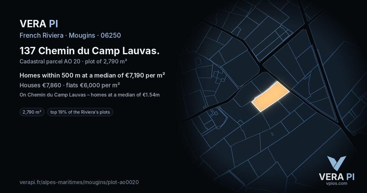137 Chemin du Camp Lauvas, Mougins at night – the plot lit, the parcels around coloured by the prices near them