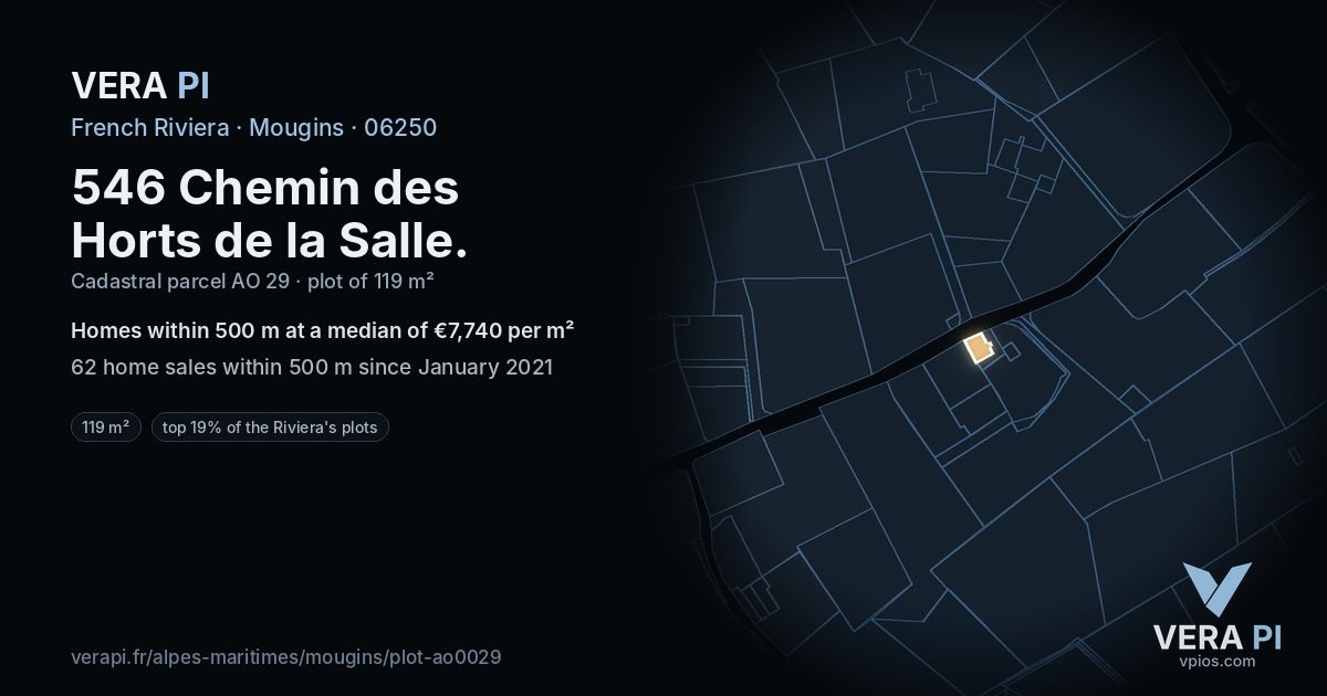 546 Chemin des Horts de la Salle, Mougins at night – the plot lit, the parcels around coloured by the prices near them