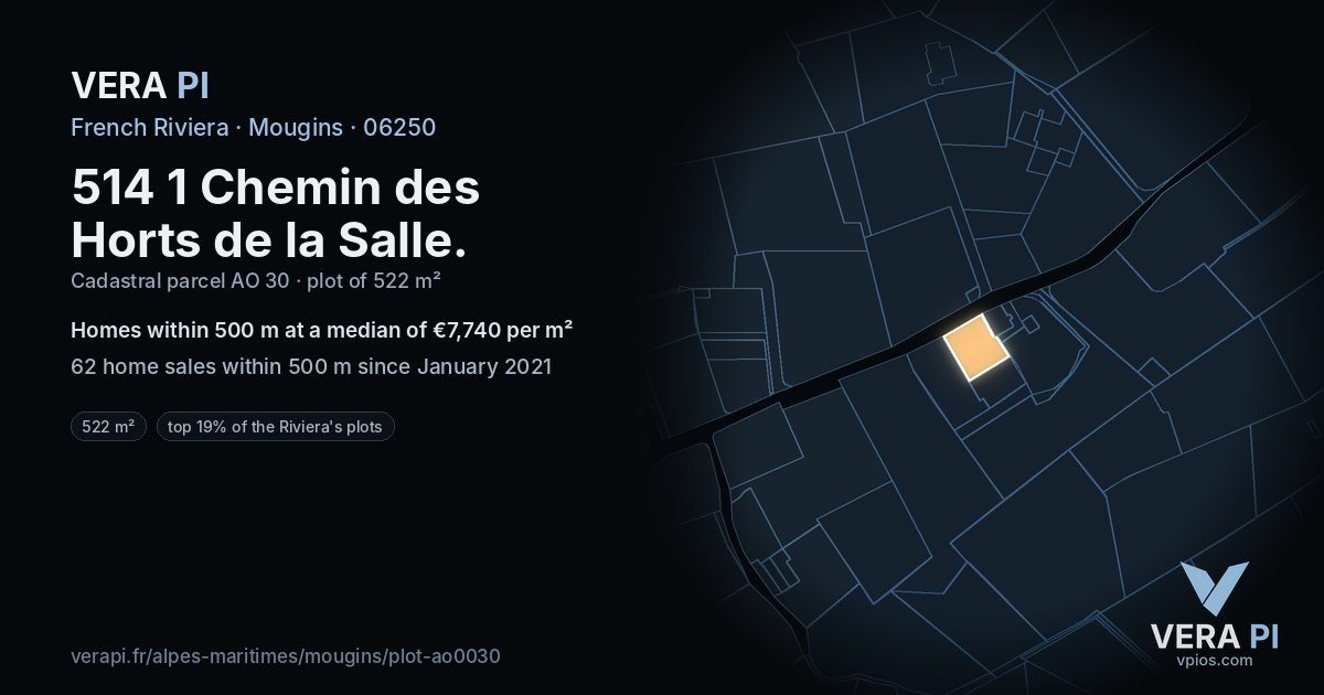 514 1 Chemin des Horts de la Salle, Mougins at night – the plot lit, the parcels around coloured by the prices near them