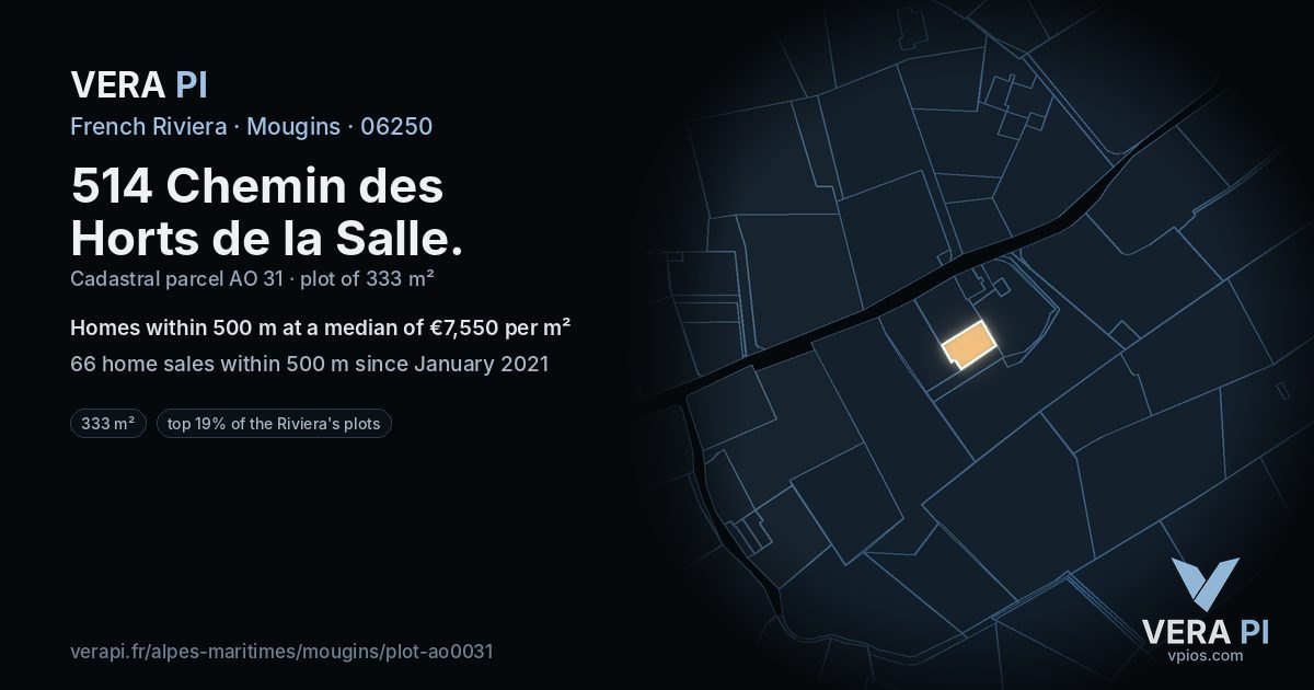 514 Chemin des Horts de la Salle, Mougins at night – the plot lit, the parcels around coloured by the prices near them