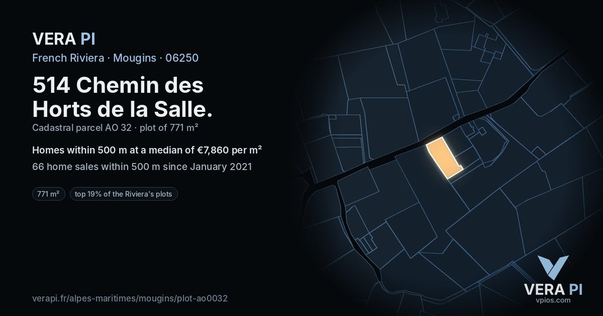 514 Chemin des Horts de la Salle, Mougins at night – the plot lit, the parcels around coloured by the prices near them