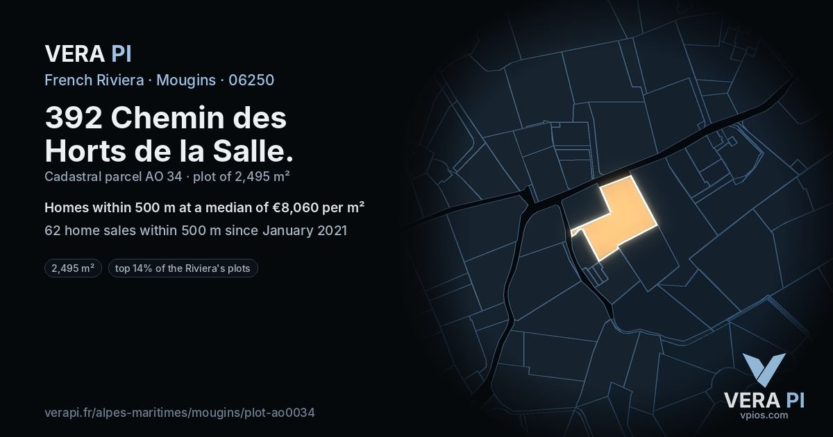 392 Chemin des Horts de la Salle, Mougins at night – the plot lit, the parcels around coloured by the prices near them