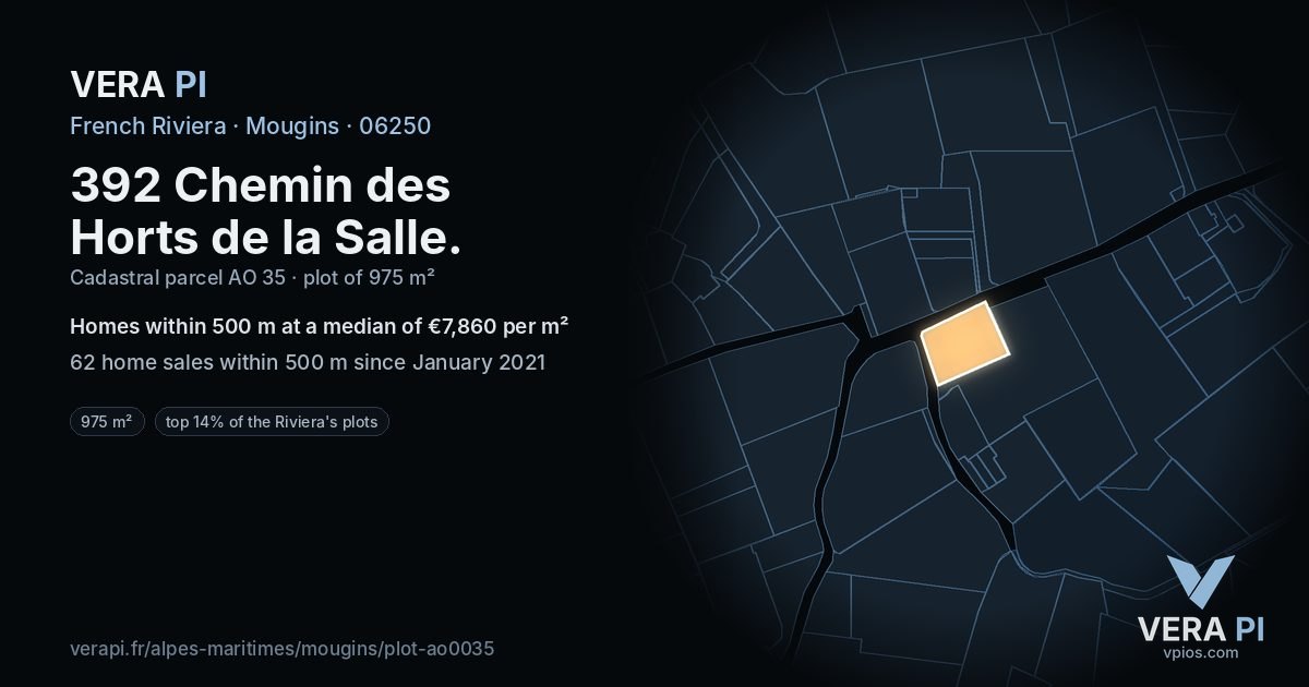 392 Chemin des Horts de la Salle, Mougins at night – the plot lit, the parcels around coloured by the prices near them