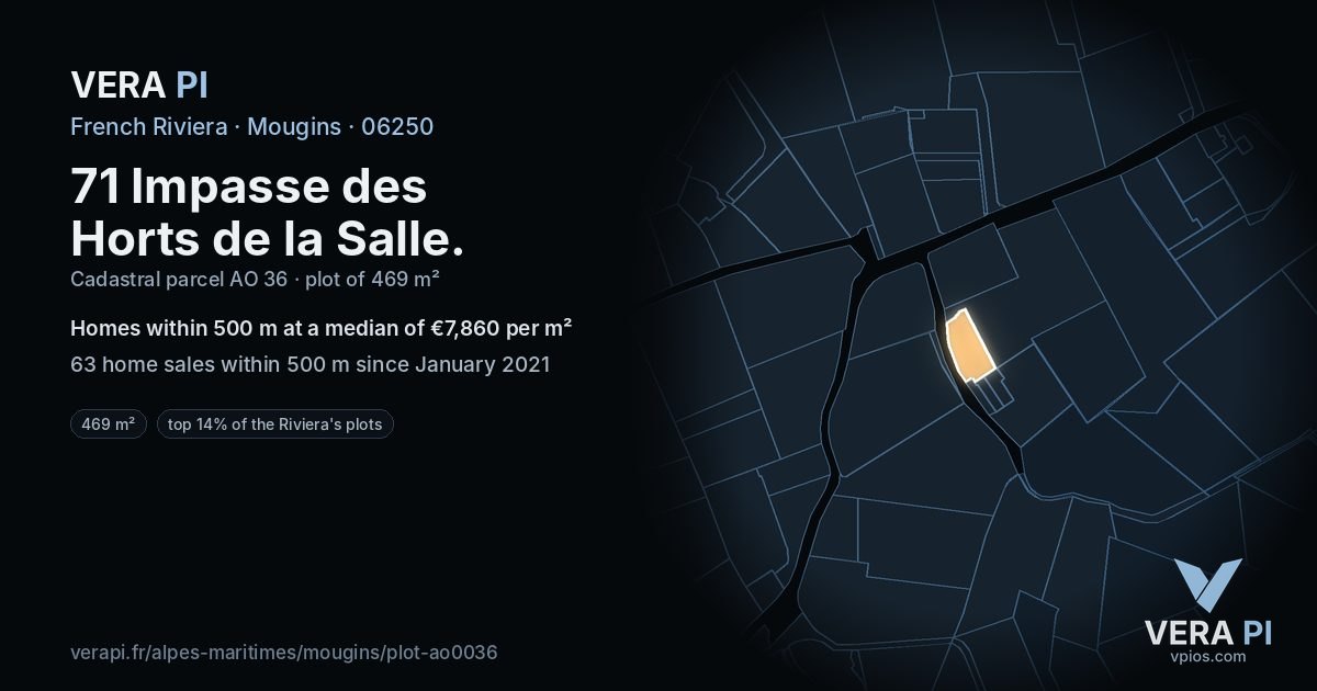 71 Impasse des Horts de la Salle, Mougins at night – the plot lit, the parcels around coloured by the prices near them