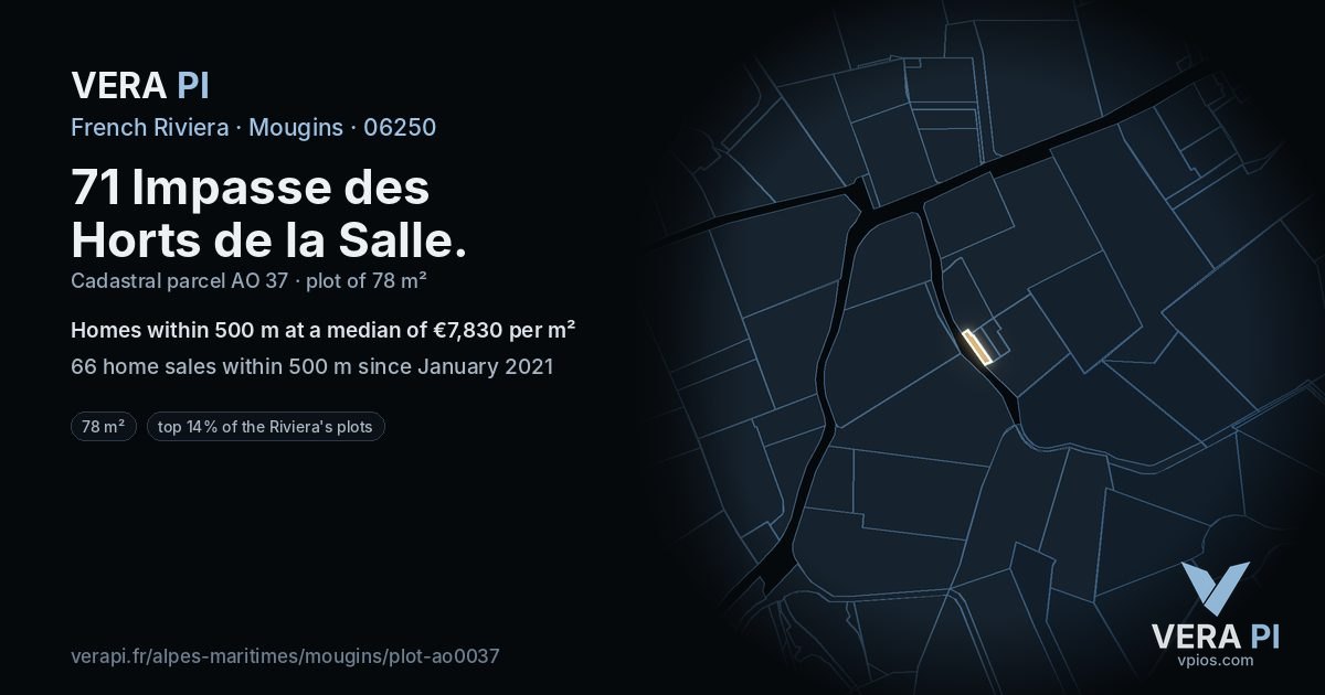 71 Impasse des Horts de la Salle, Mougins at night – the plot lit, the parcels around coloured by the prices near them