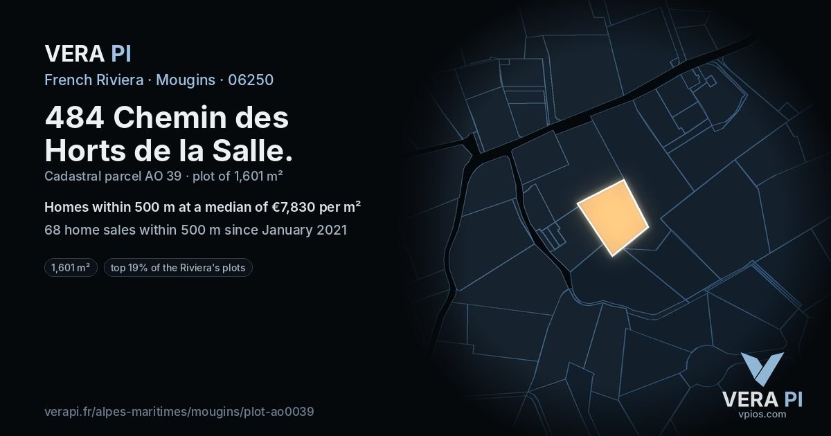 484 Chemin des Horts de la Salle, Mougins at night – the plot lit, the parcels around coloured by the prices near them
