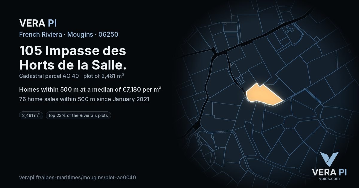 105 Impasse des Horts de la Salle, Mougins at night – the plot lit, the parcels around coloured by the prices near them