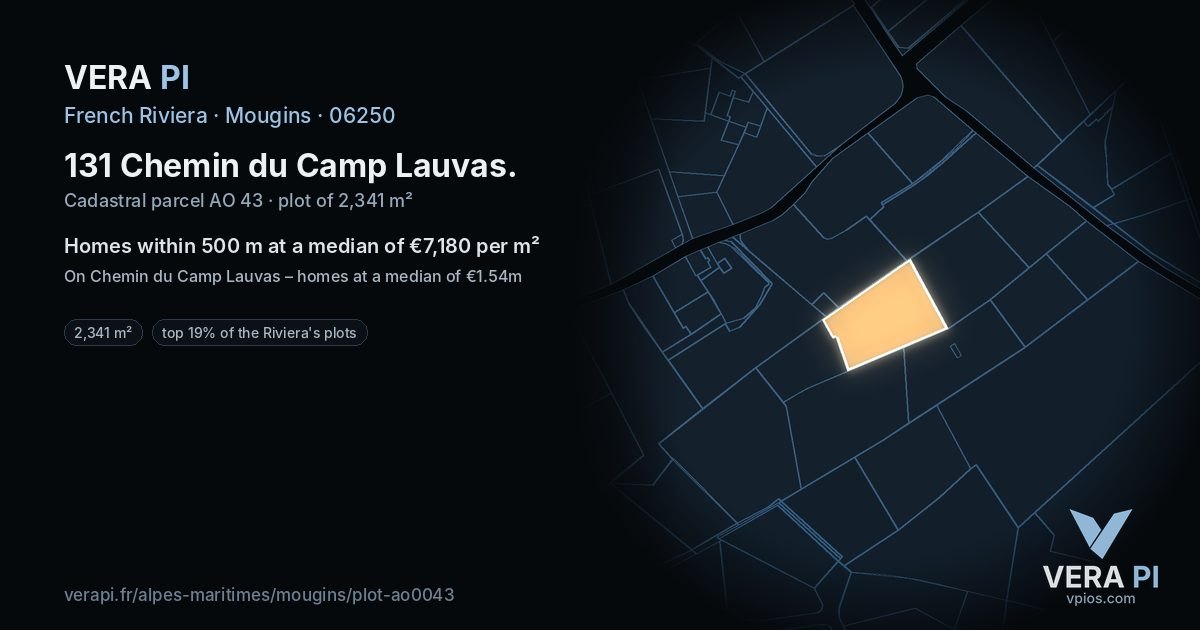 131 Chemin du Camp Lauvas, Mougins at night – the plot lit, the parcels around coloured by the prices near them