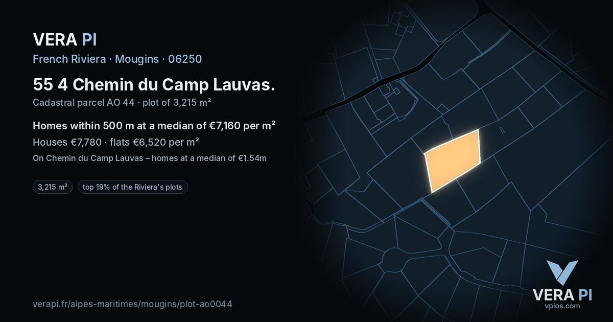 55 4 Chemin du Camp Lauvas, Mougins at night – the plot lit, the parcels around coloured by the prices near them