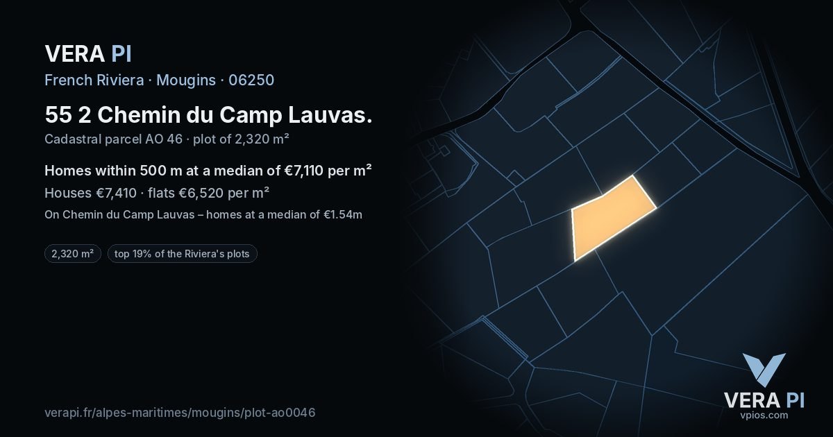55 2 Chemin du Camp Lauvas, Mougins at night – the plot lit, the parcels around coloured by the prices near them