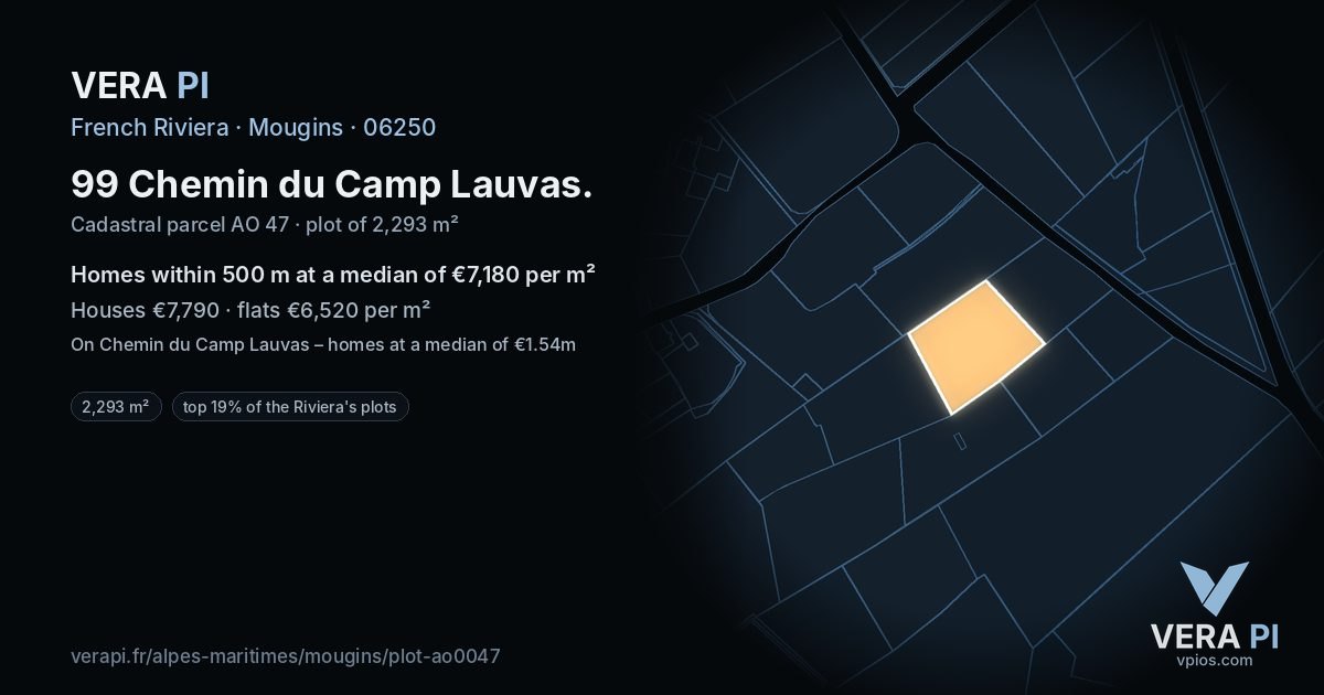 99 Chemin du Camp Lauvas, Mougins at night – the plot lit, the parcels around coloured by the prices near them