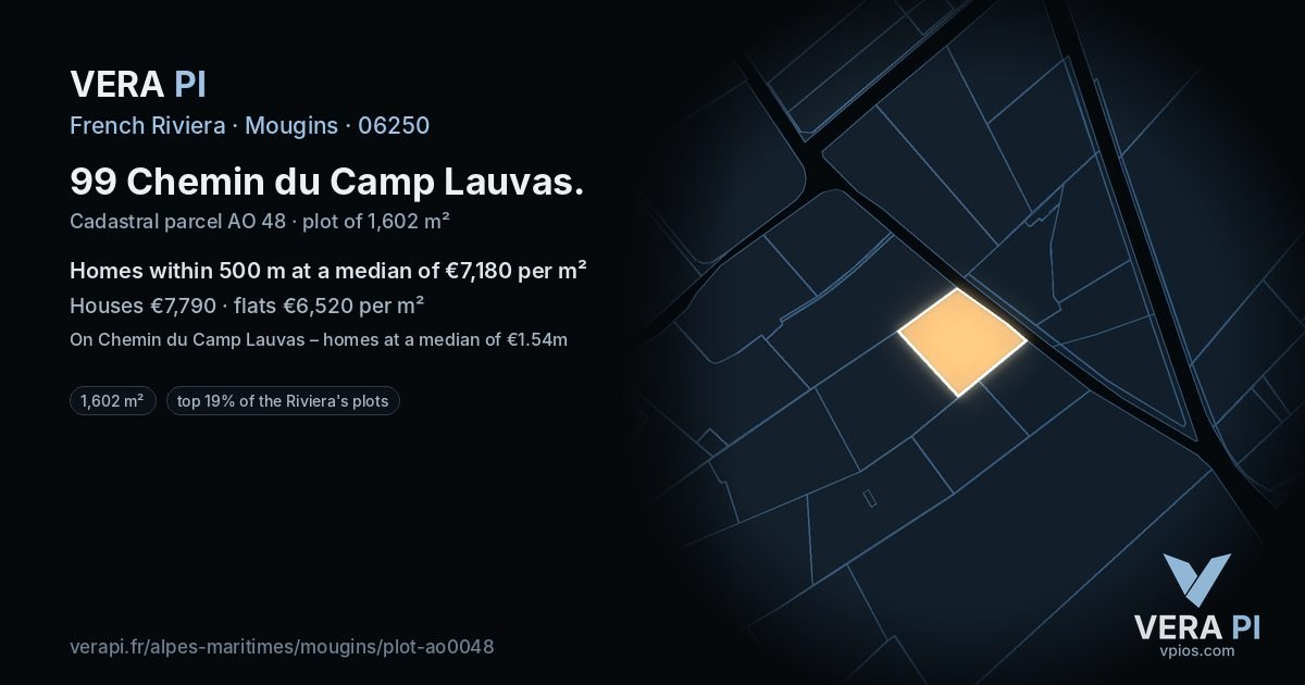 99 Chemin du Camp Lauvas, Mougins at night – the plot lit, the parcels around coloured by the prices near them