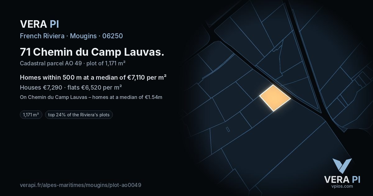 71 Chemin du Camp Lauvas, Mougins at night – the plot lit, the parcels around coloured by the prices near them